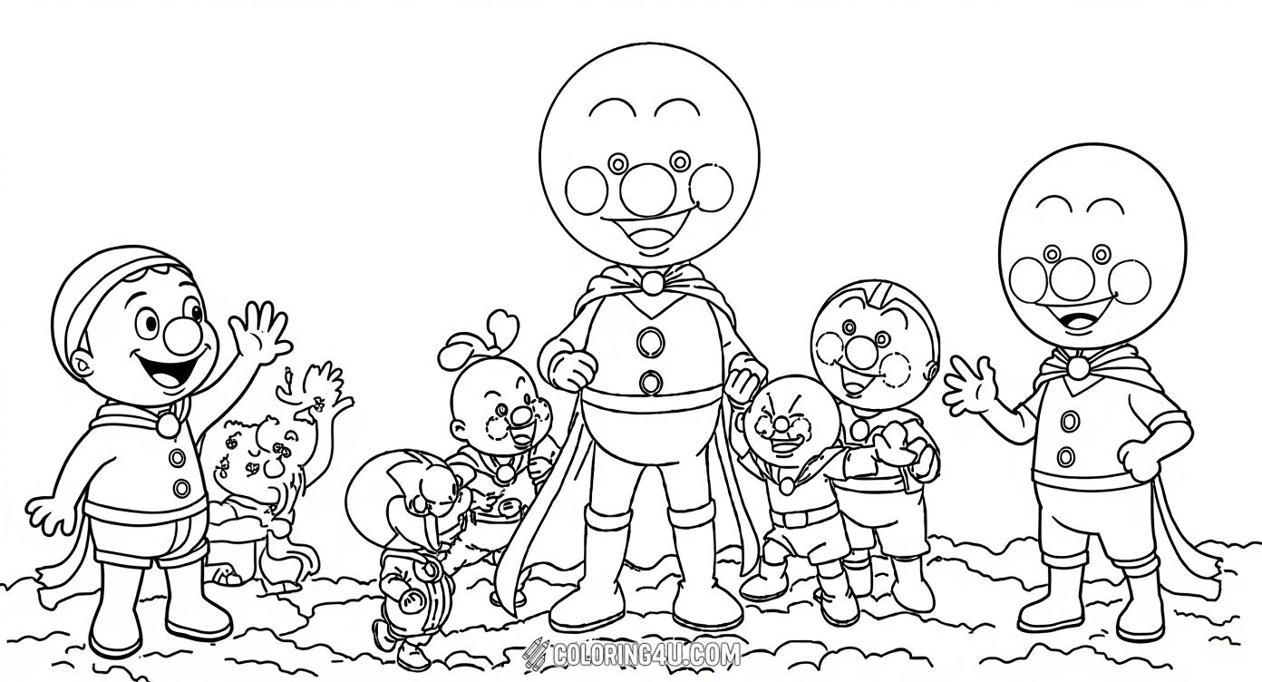 This exciting coloring page showcases Anpanman surrounded by his delightful friends, each showing their unique cheerful expressions. Kids can have a great time coloring this friendly group, highlighting their capes and costumes as they stand ready for a fun adventure together.