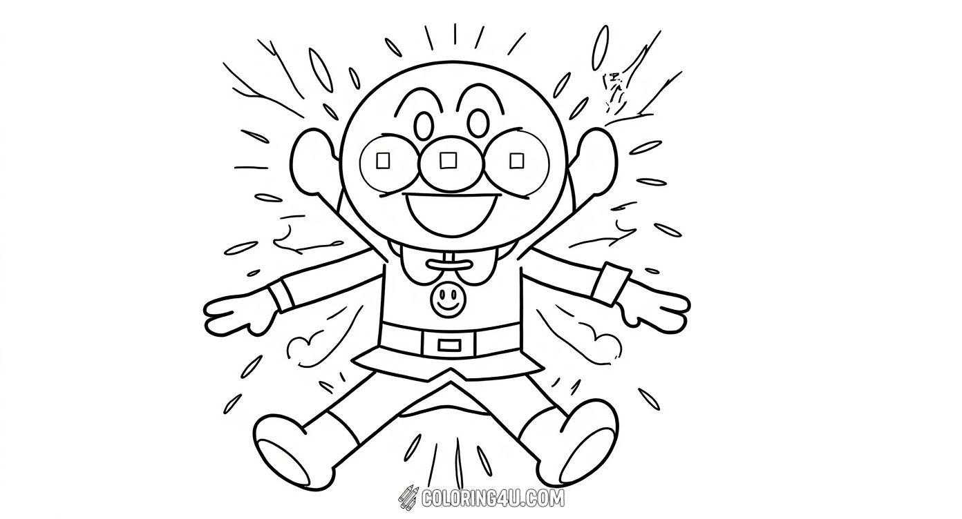 Color your favorite character Anpanman mid-jump, surrounded by lively Japanese text! This energetic pose captures Anpanman's excitement and spirit, perfect for kids who love action-packed coloring adventures.
