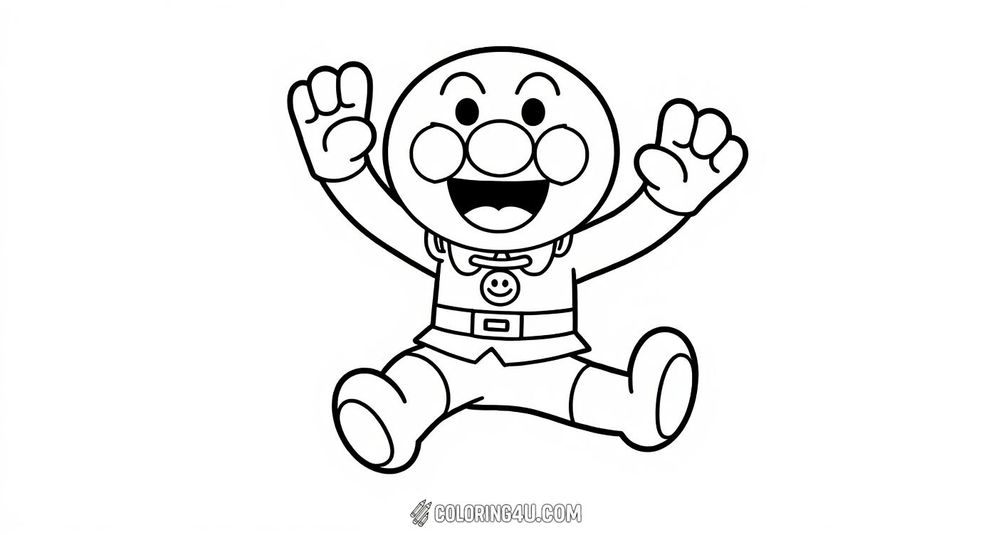 Join Anpanman in this joyful coloring page where he is happily jumping with arms wide open, ready to brighten your day with fun and creativity! Kids can bring this cheerful superhero to life with their favorite colors.