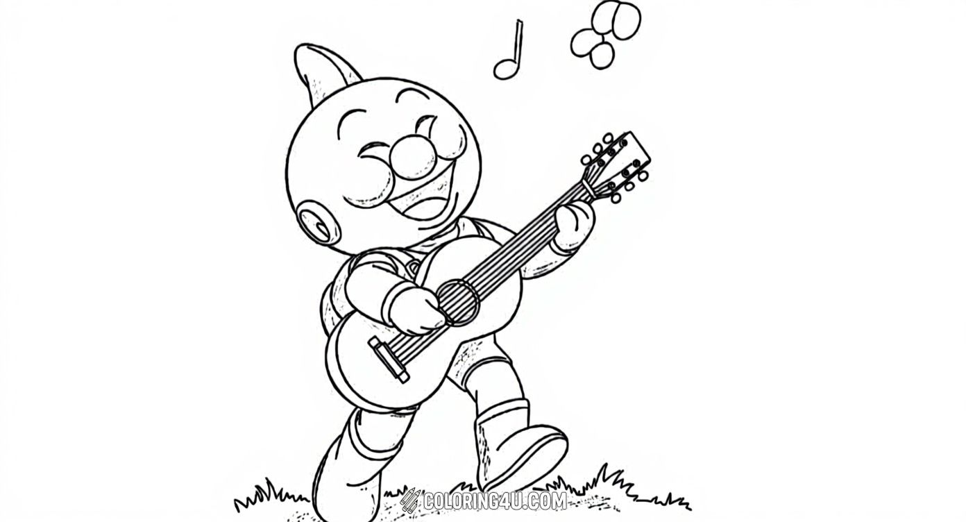 Bring music and fun together with Jam Taro from Anpanman playing a guitar and singing joyfully! This delightful coloring page invites kids to color this musical moment filled with notes and happiness.