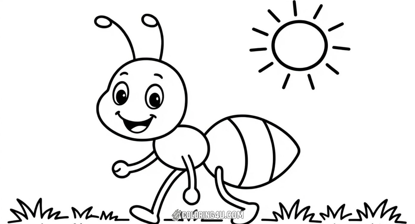 Join this cheerful ant as it walks happily under the bright sun! This coloring page features a smiling ant with big eyes and lively antennae, making it perfect for kids to color and imagine a sunny day adventure.