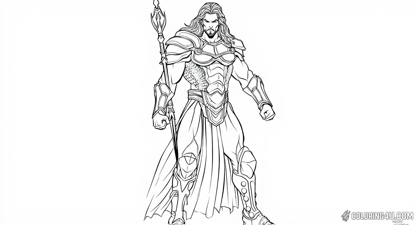 Explore the world of the ocean king with this regal image of Aquaman dressed in detailed armor, holding his trident proudly. Kids can enjoy coloring the intricate designs while imagining epic underwater battles and heroism.