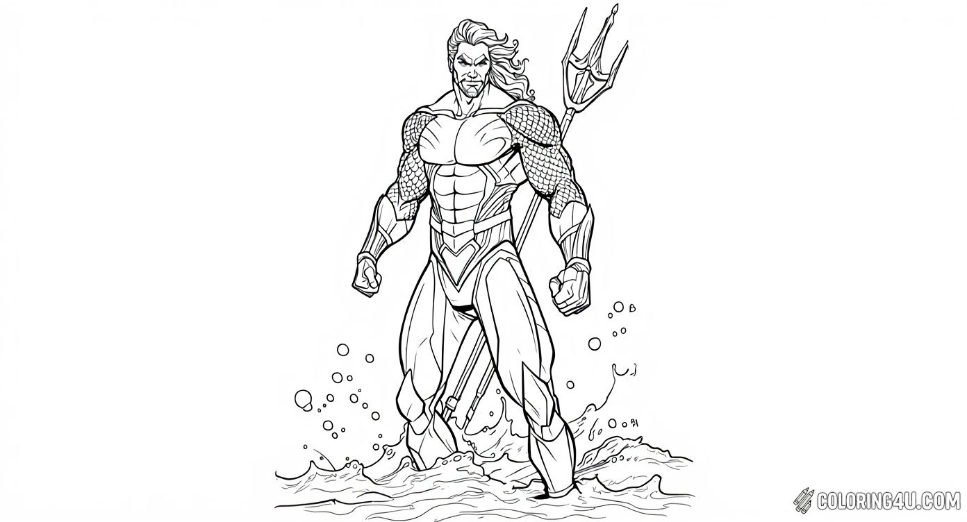 Dive into the underwater adventure with Aquaman as he stands tall on the ocean waves, gripping his mighty trident. This powerful pose invites kids to bring the hero of the seven seas to life with vibrant colors and imagination.