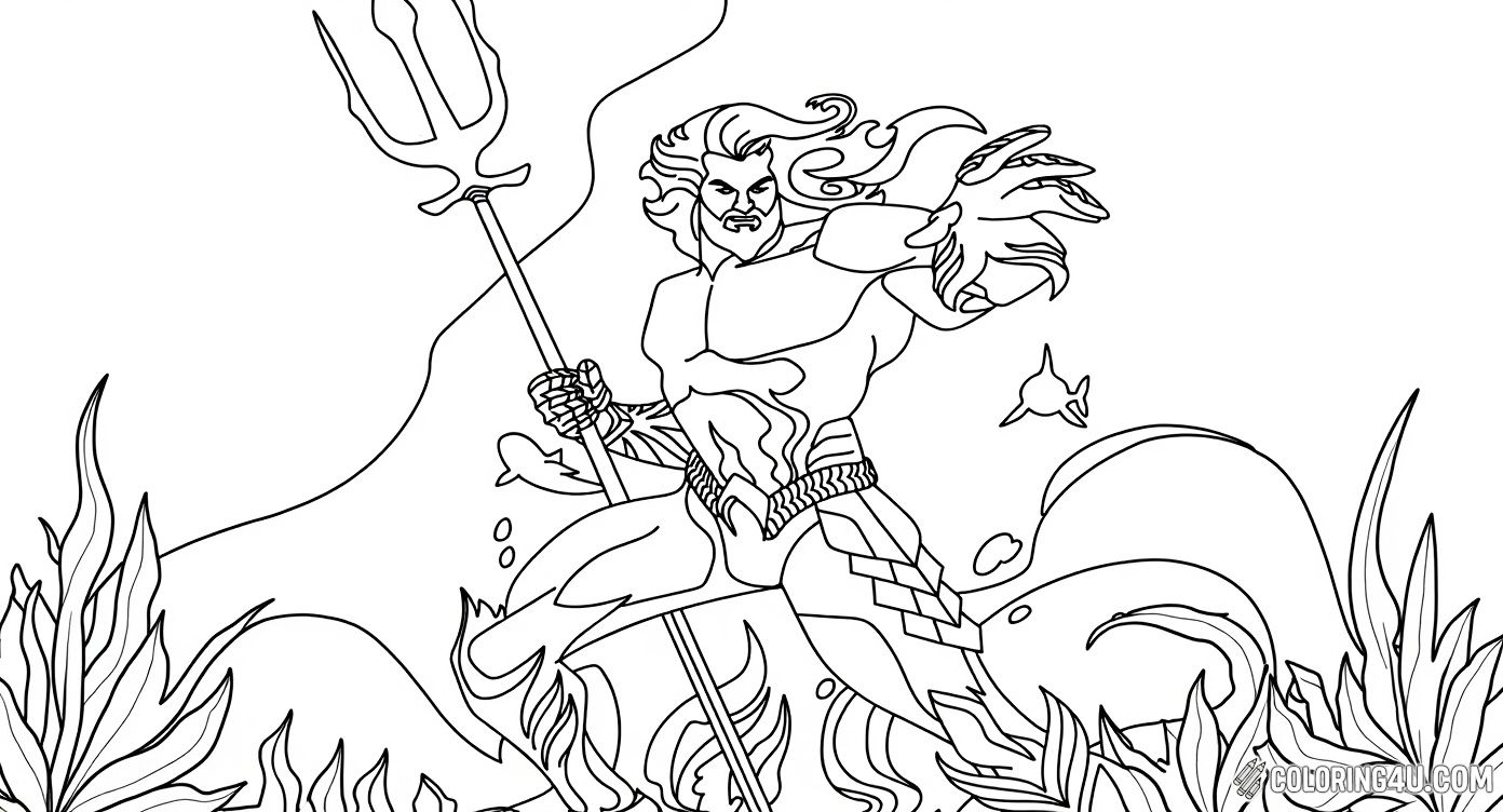 Jump into an exciting underwater scene featuring Aquaman in action with his trident, surrounded by aquatic life. This dynamic coloring page encourages kids to create their own colorful underwater kingdom full of adventure.