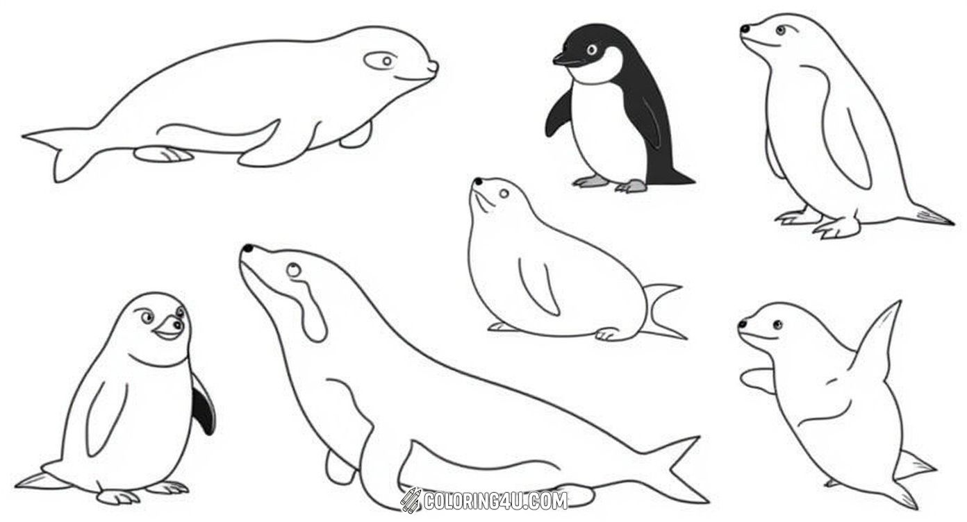 This educational coloring page features hand-drawn outlines of Antarctic animals including chinstrap penguins, emperor penguins, crabeater seals, an orca or killer whale, and an elephant seal. Each animal is labeled to help kids learn about wildlife from the icy southern continent while enjoying coloring.