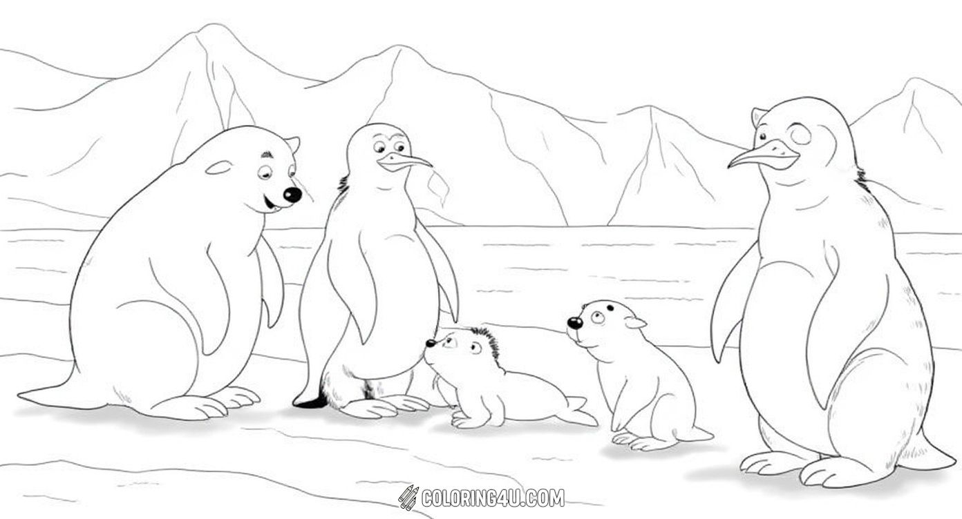 This charming coloring page features a delightful gathering of arctic animals, including penguins, walruses, seals, and polar bears, all enjoying their icy home together. Kids can have fun bringing to life this wintery scene filled with adorable animal families set against a backdrop of snowy mountains and floating icebergs.