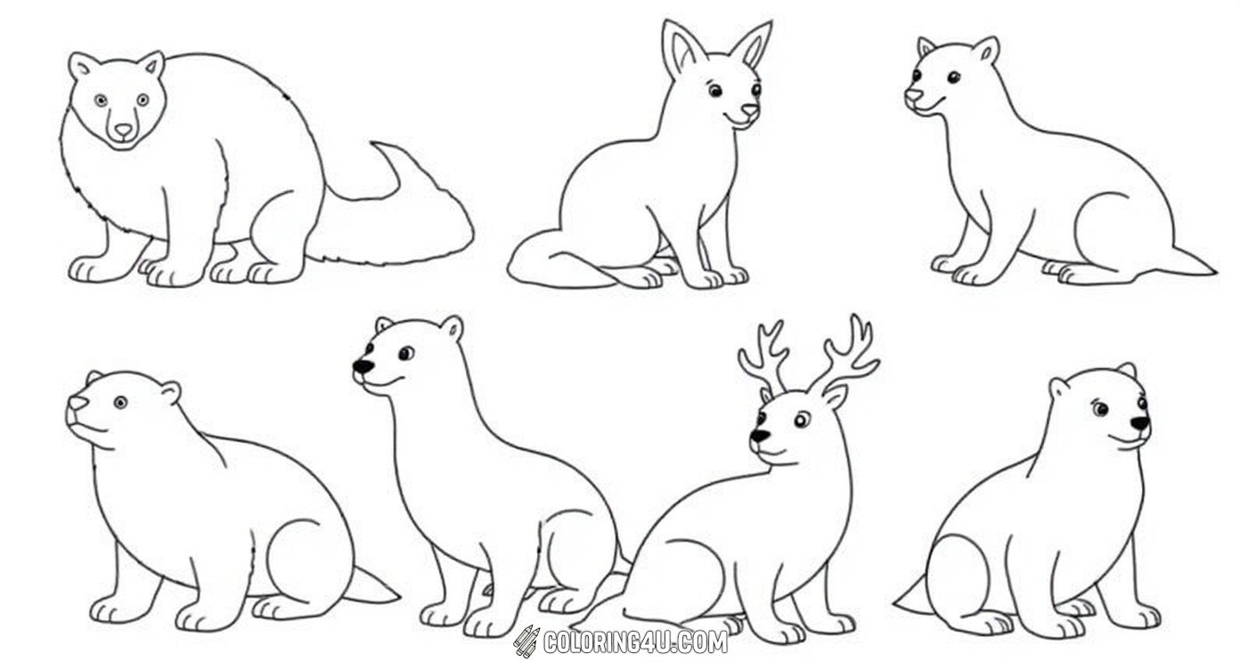 This coloring page features cute and simple outlines of various arctic animals including a polar bear with its cub, an arctic fox, an arctic hare, a reindeer (caribou), and a harp seal. Each animal is clearly labeled to help children learn their names as they color. It's a perfect educational and fun activity for kids who love arctic wildlife!