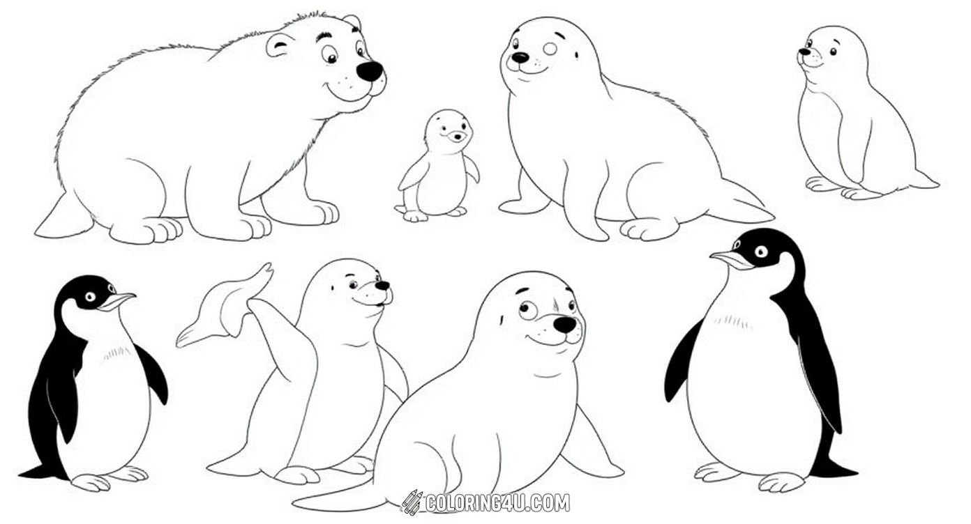 This playful coloring page is filled with adorable cartoon-style arctic animals including a polar bear and its cub, a spotted seal with its pups, a large walrus, and several penguins interacting joyfully. The charming expressions and lively poses make this sheet perfect for kids to enjoy coloring their favorite cold-climate animals in a fun and friendly setting.