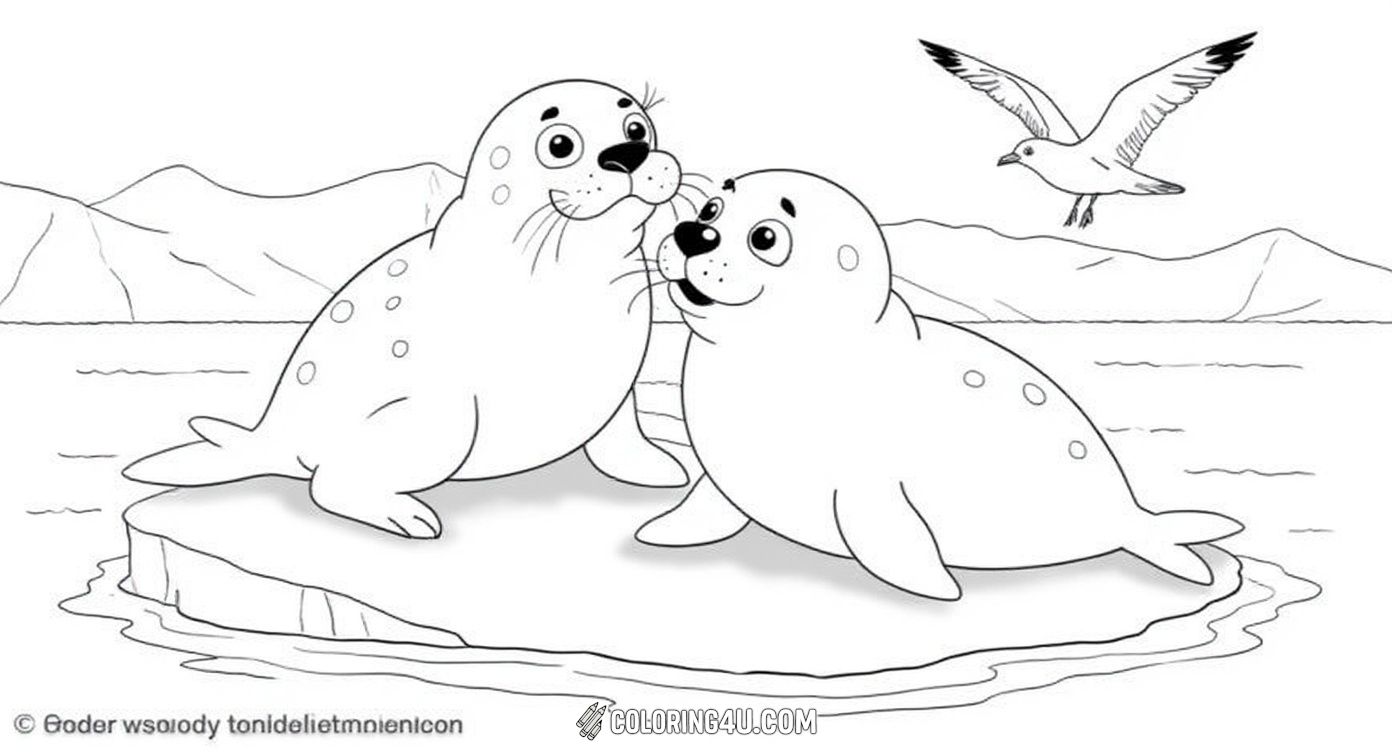 This charming line art drawing displays a cartoon-style seal family resting on an iceberg. A mother seal watches lovingly over two playful pups while a seagull flies overhead against a backdrop of snowy mountains and clouds. It's a fun and engaging page for kids to color sea animals and their cold habitat.