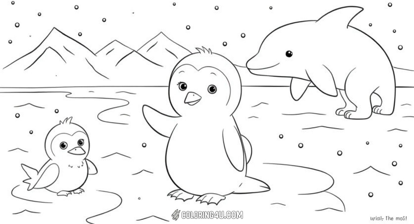 Dive into a magical arctic world with this fun coloring page showcasing a happy penguin, a soaring owl, a curious polar bear, and a playful dolphin jumping in the chilly water. Children are invited to color this lively scene filled with friendly animals and snowy mountains, sparking imagination and love for arctic wildlife.