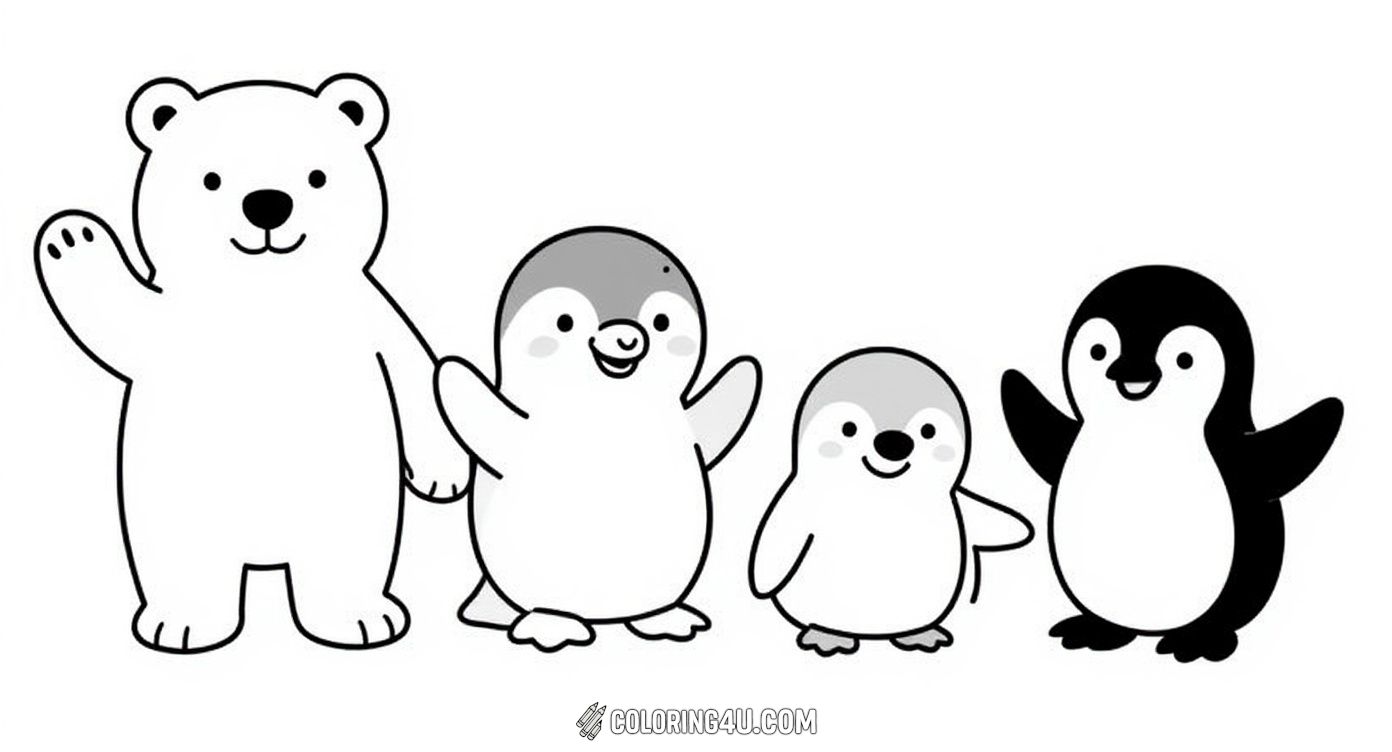 Say hello to this adorable group of waving arctic friends including a polar bear, seal, and penguin. This sweet and simple coloring page invites kids to add fun colors to these friendly animals and imagine their icy habitat.