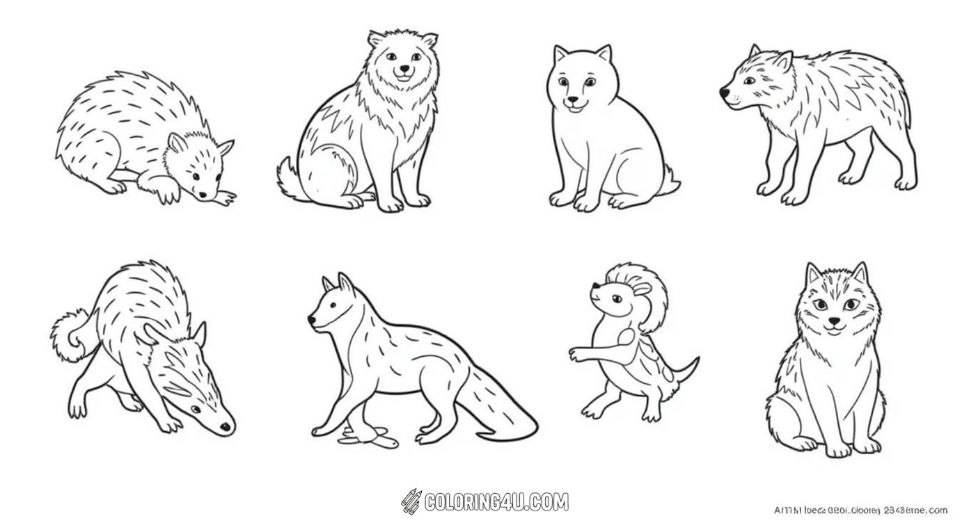 Explore the unique animals of the North Pole with this creative coloring page showing a seal, walrus, deer, polar bear, and husky with intricate decorative patterns. It's a fun and artistic way for kids to learn about arctic wildlife while coloring!