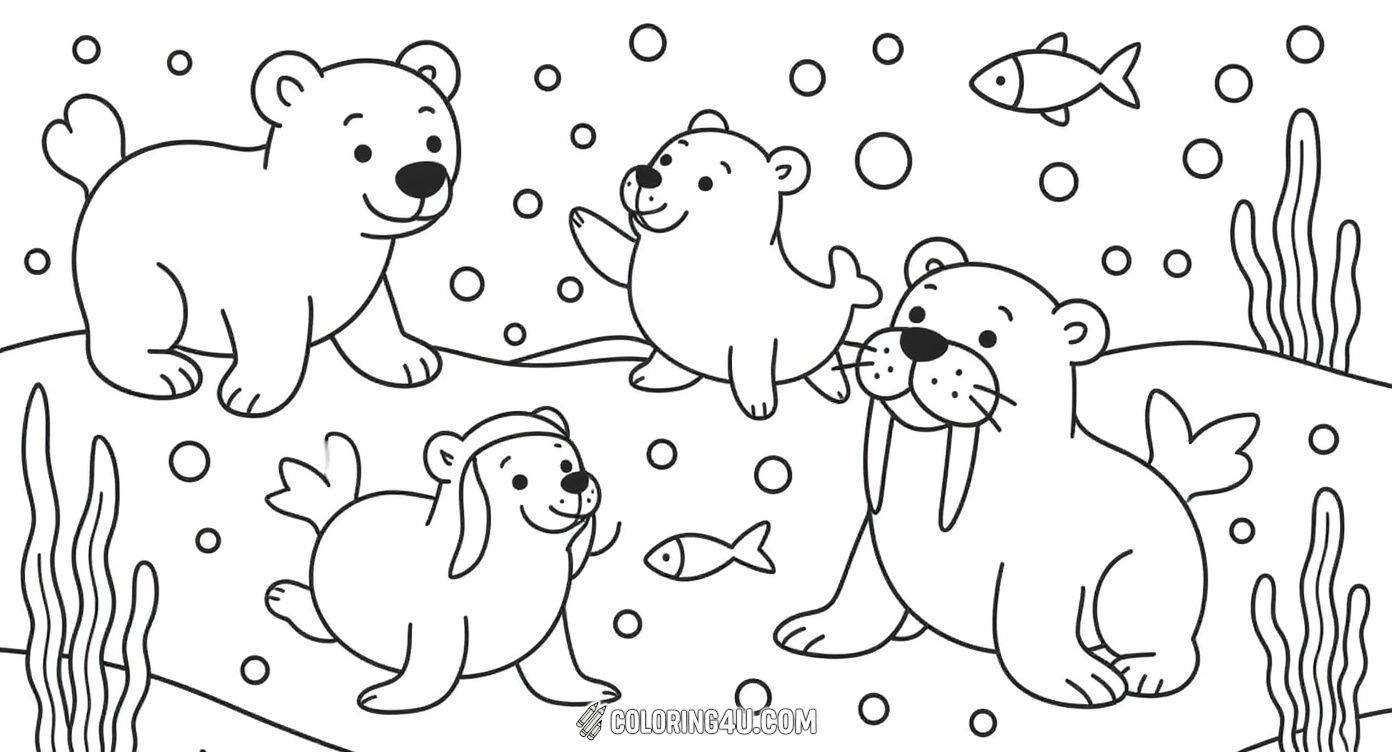 Dive into the underwater world with this charming coloring page featuring a playful polar bear swimming alongside a cheerful seal balancing a ball and a friendly walrus. Kids can bring this lively arctic scene to life with their favorite colors!