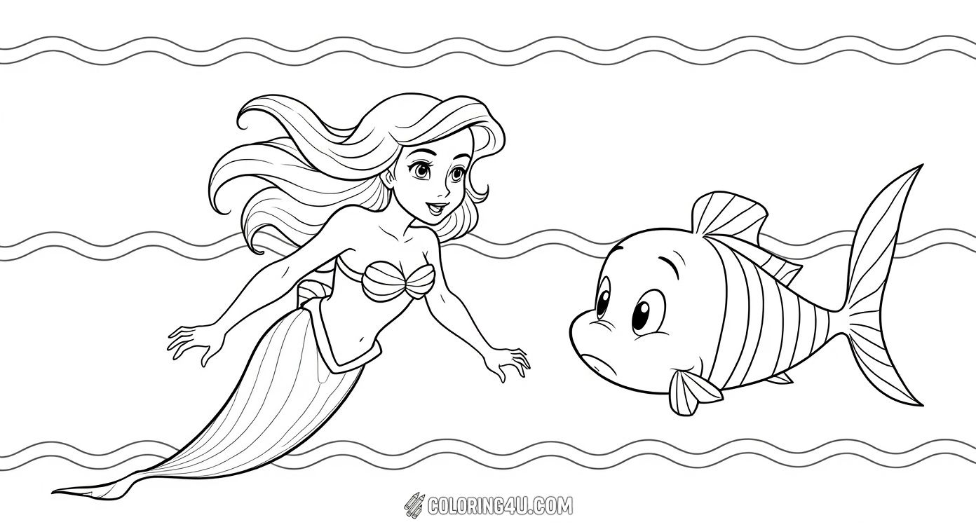Join Ariel and her best fish friend Flounder as they explore the wonders of the ocean together! Ariel is holding a fork, known as a 'dinglehopper' in her world, while surrounded by playful bubbles, inviting kids to color their favorite scene from Disney's The Little Mermaid.