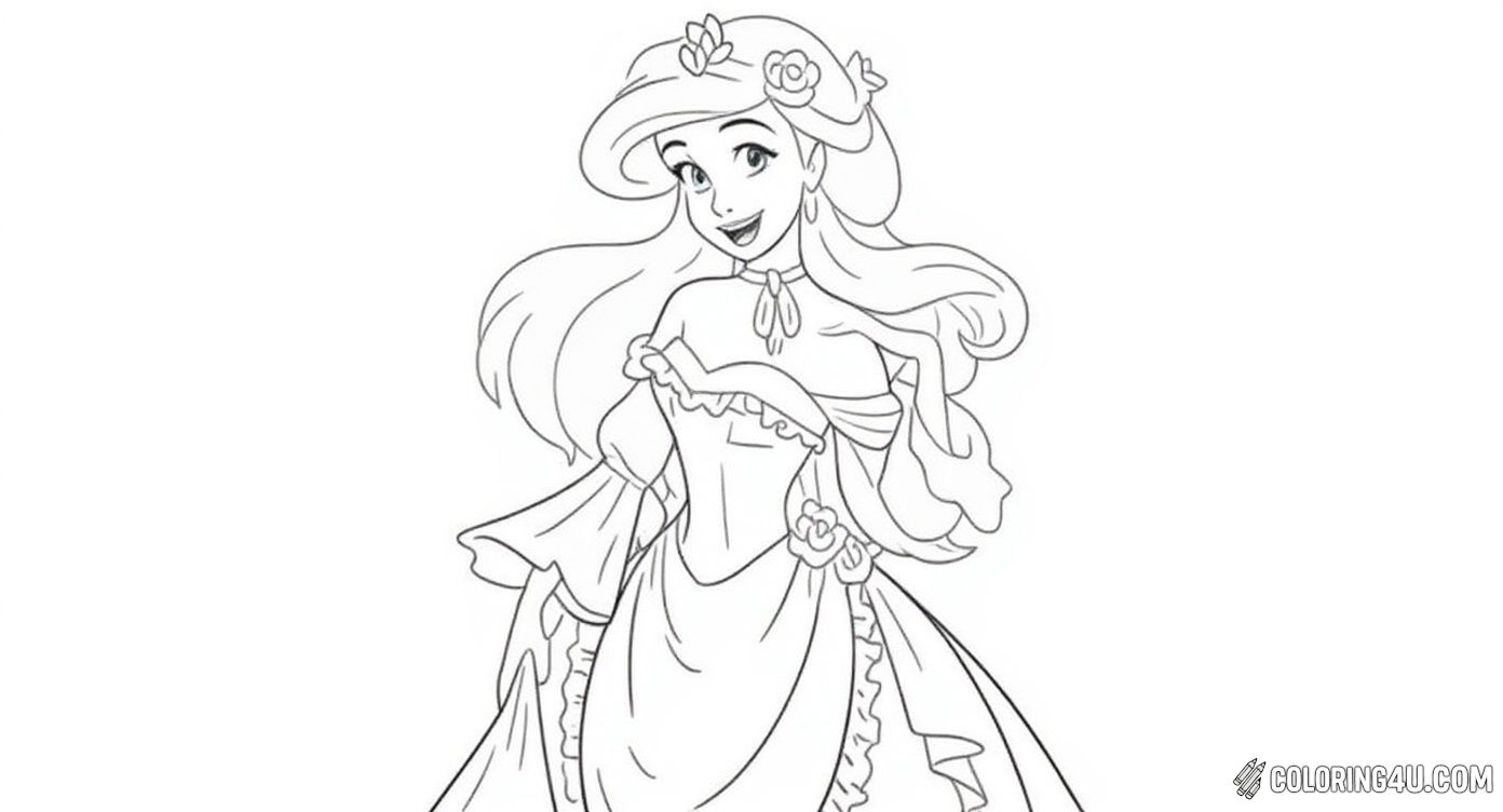 Experience the elegance of Ariel dressed in a fancy royal gown with a stylish hat adorned with roses. This delightful coloring page is perfect for kids who enjoy fairy tales and fancy dresses, giving them a chance to add rich colors and decorate Ariel's sophisticated look in a magical storybook setting.
