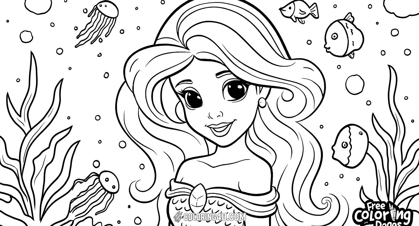 Color the beautiful Ariel in a charming underwater setting filled with jellyfish and fish. This delightful scene from The Little Mermaid shows Ariel smiling warmly, making it a fun and inviting page for kids to add bright and joyful colors.
