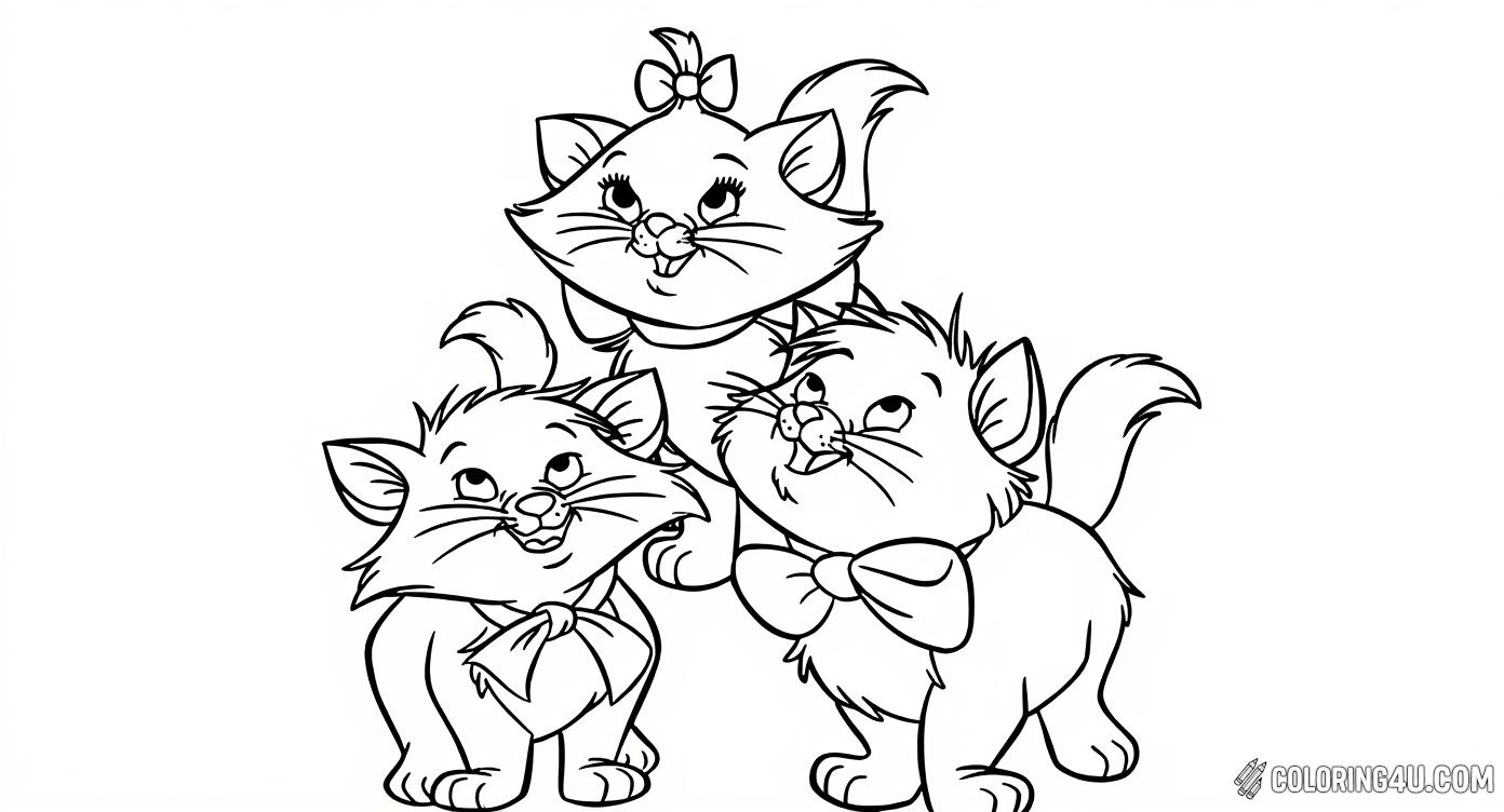 This lovely coloring page highlights three adorable kittens from Disney's The Aristocats looking upwards with curious and happy faces. With their big bows and fluffy tails, these charming kittens are ready to become a colorful masterpiece for any young fan of the movie. A perfect creative activity for kid artists to explore their love of cute cats!
