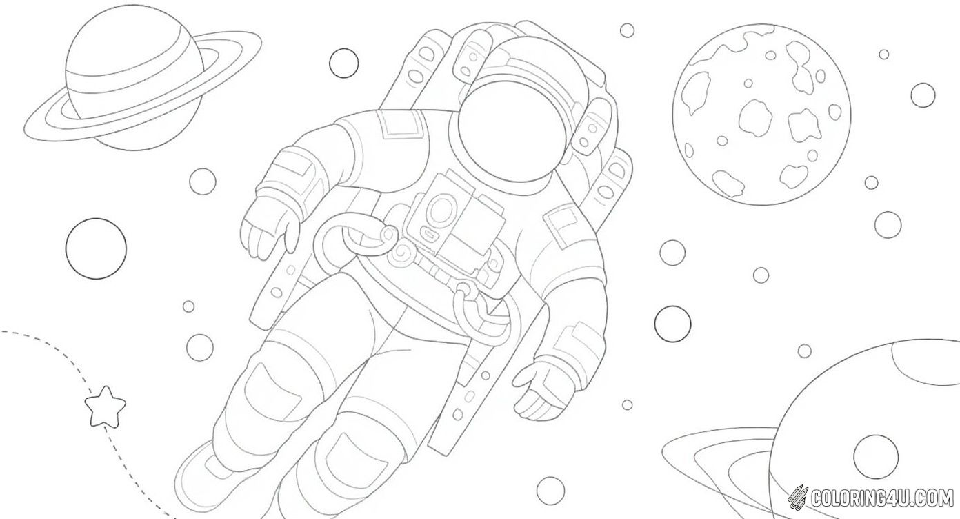 Join this astronaut as they float weightlessly in outer space surrounded by stars and planets. This coloring page invites kids to create their own cosmic scene with beautiful hues for the planets, stars, and the astronaut's suit. It's a wonderful way to inspire curiosity about the universe and the wonders beyond Earth!