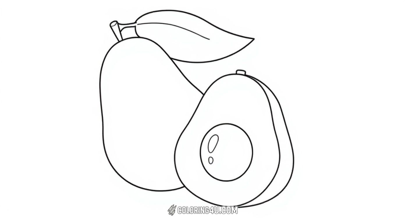 This educational coloring page features a whole avocado and a sliced half with the word 'Avocado' written below. It's a great way for kids to learn about this healthy fruit while coloring the detailed shapes and practicing their letters.
