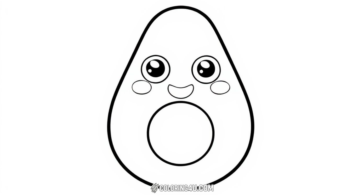 This fun coloring page shows a cute and happy avocado with big sparkling eyes and blushy cheeks. Kids will love bringing this adorable avocado to life with their favorite colors. It's a simple and charming design perfect for young artists!