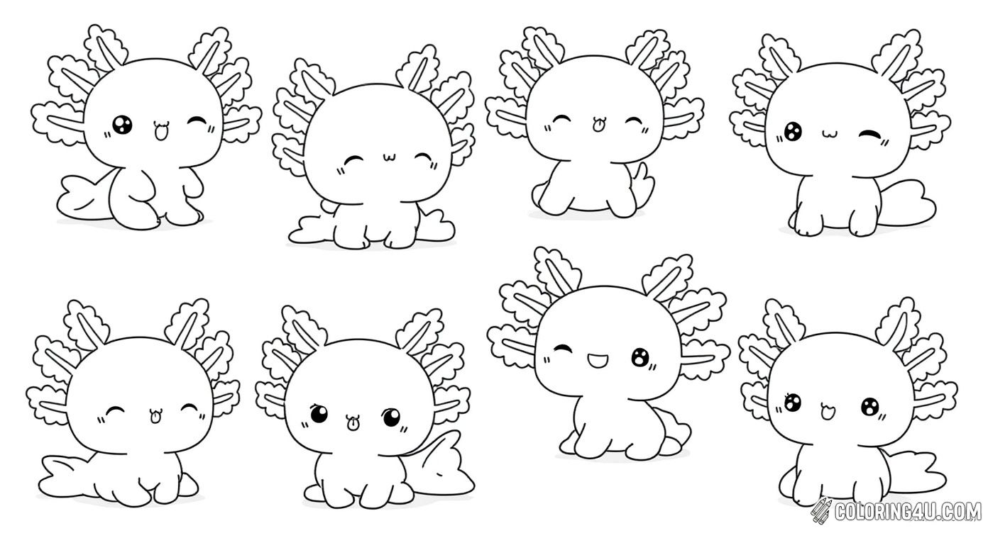 This coloring page features six adorable kawaii-style axolotls in various playful poses, perfect for kids who love cute characters. Each axolotl has unique expressions that invite you to add your favorite colors and bring these charming little creatures to life.