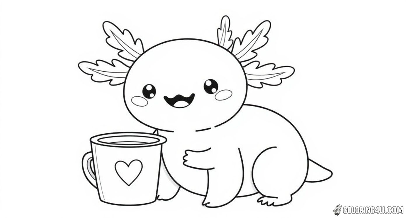 Color this delightful page featuring a happy axolotl hugging a large festive cup filled with hot cocoa, marshmallows, hearts, and candy. This fun scene is full of cozy vibes and cuteness, ideal for kids who enjoy playful and sweet-themed coloring pages.