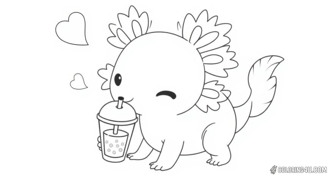 This lovely coloring page shows a smiling axolotl happily sipping on a cup of bubble tea, surrounded by floating hearts. Kids will enjoy coloring this sweet and cheerful character along with the fun bubble tea drink, making it an inviting activity filled with joy and love.
