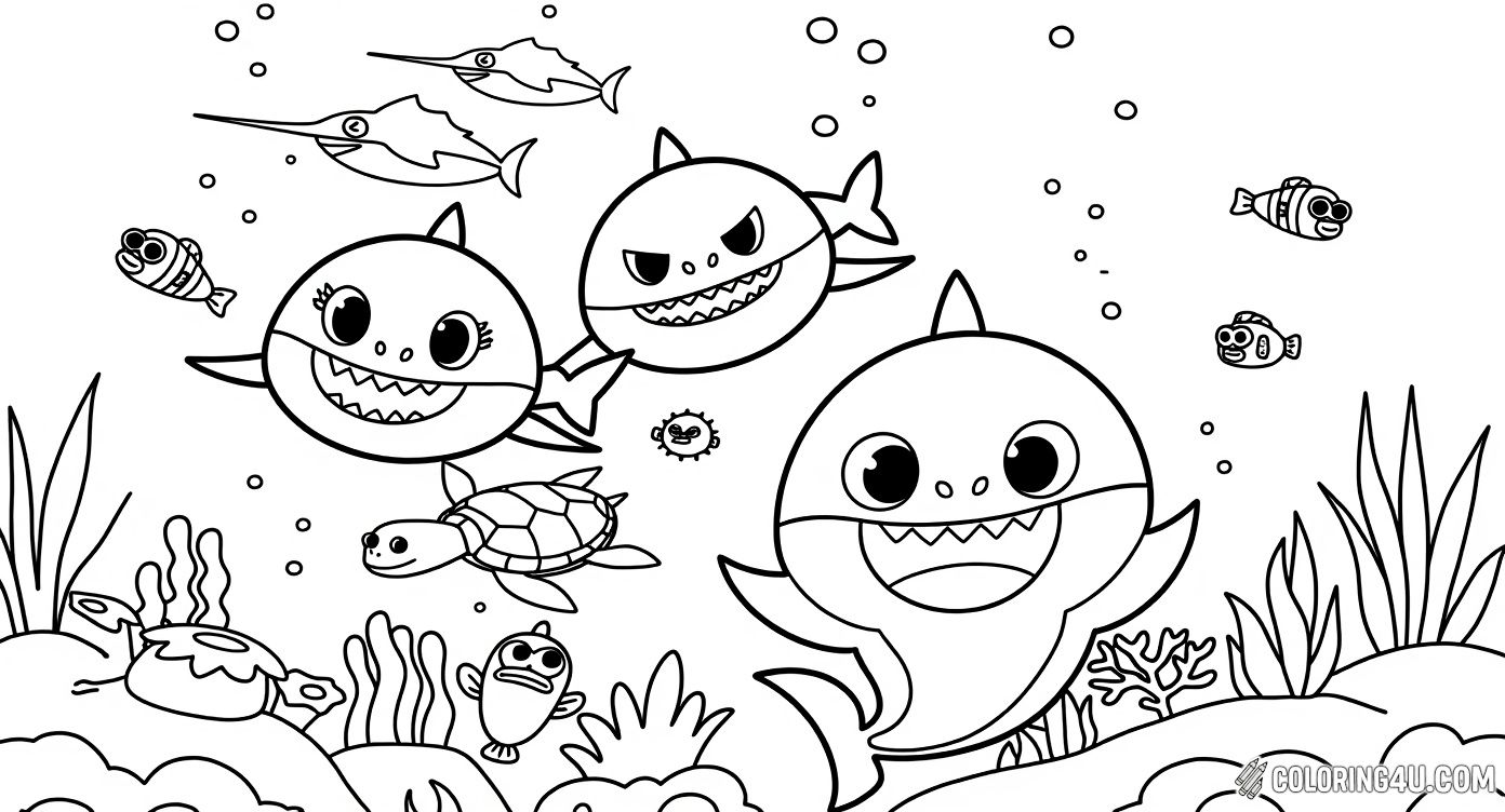 Dive into a fun underwater adventure with Baby Shark and his family as they swim happily among sea turtles, fish, and coral reefs. Kids can bring this lively ocean scene to life with their favorite colors!