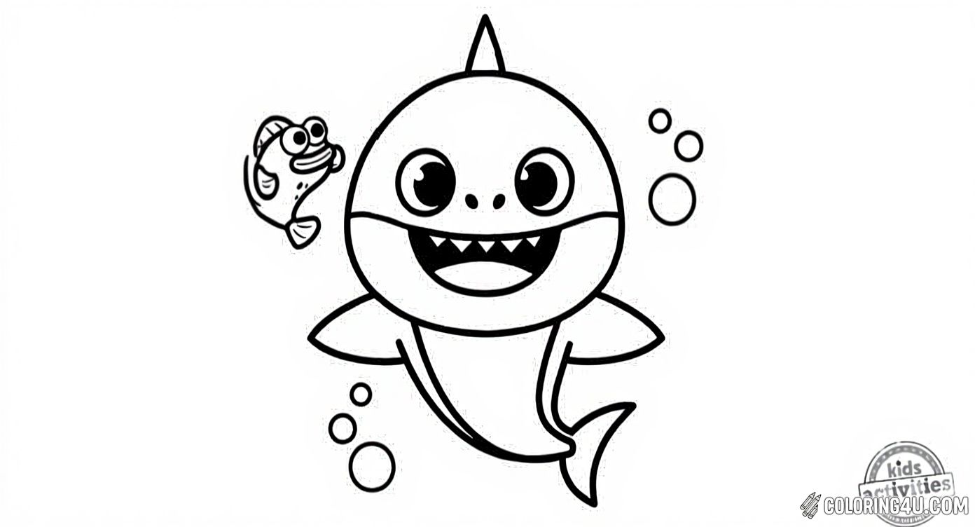 Color Baby Shark with a big smile as he happily swims along with a cute fish friend. Featuring the fun Baby Shark logo and playful bubbles, this coloring page is inviting for all kids who enjoy the catchy 'doo-doo-doo-doo-doo' song!