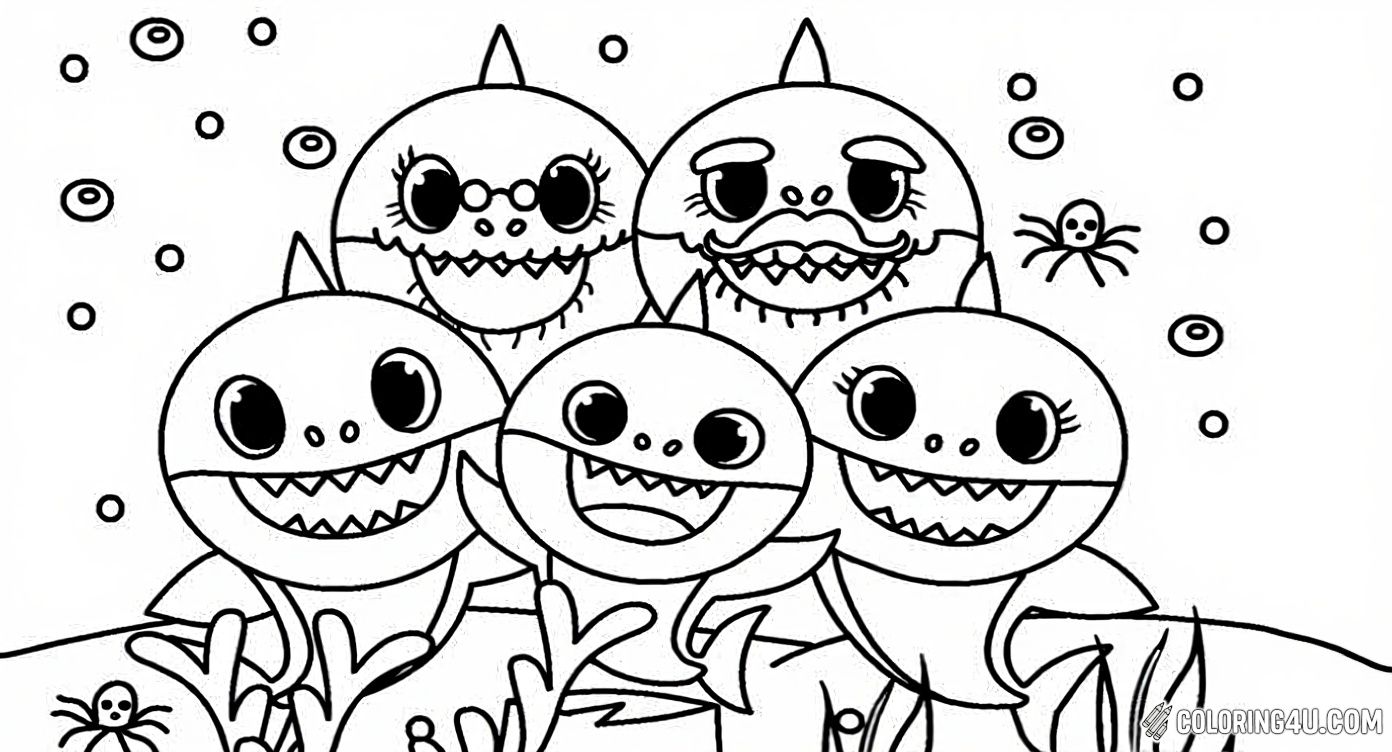 Join Baby Shark and his cheerful family as they smile and wave from beneath the sea surrounded by little sea creatures and bubbles. This delightful coloring page is perfect for kids who love friendly ocean characters!