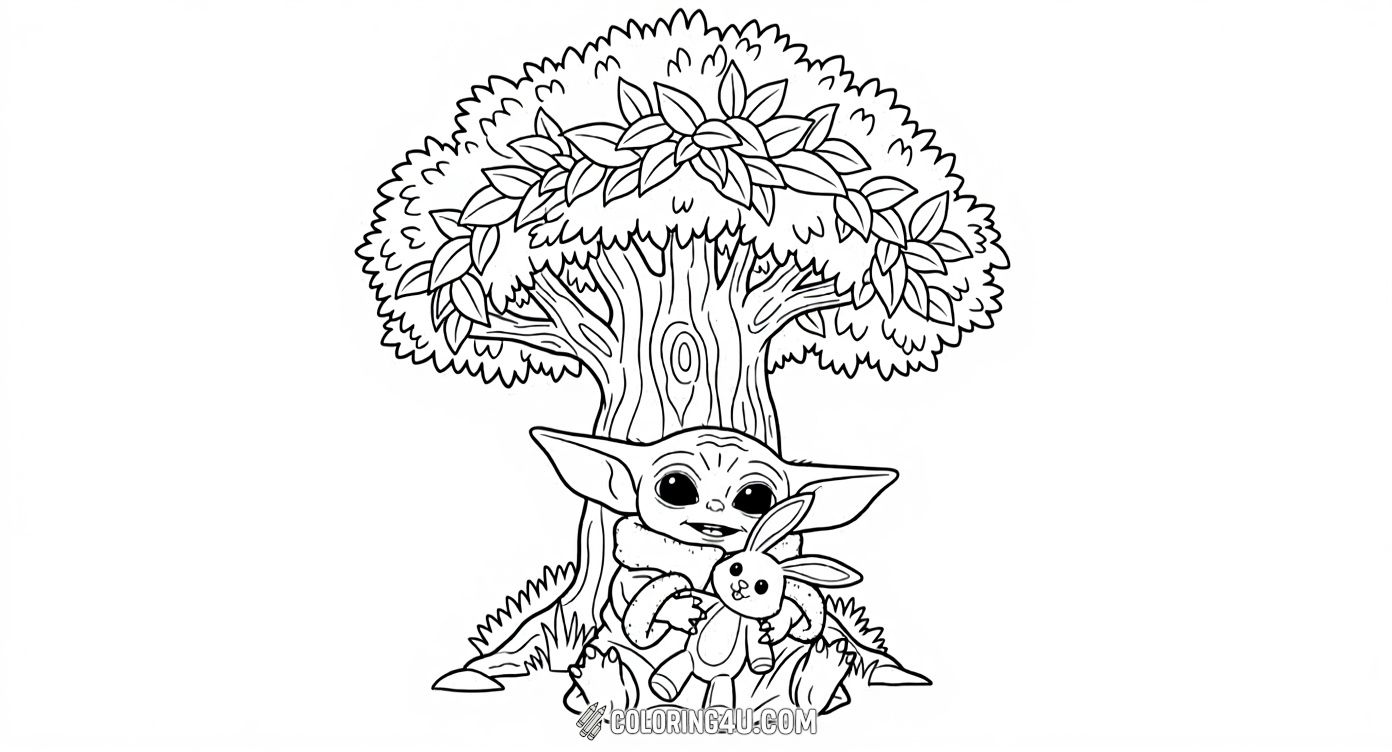 In this sweet coloring page, Baby Yoda sits comfortably under a big leafy tree, happily holding a cuddly stuffed bunny. The peaceful outdoor setting invites kids to use their imagination and colors to create a cozy and delightful scene with their favorite character from the Star Wars universe.