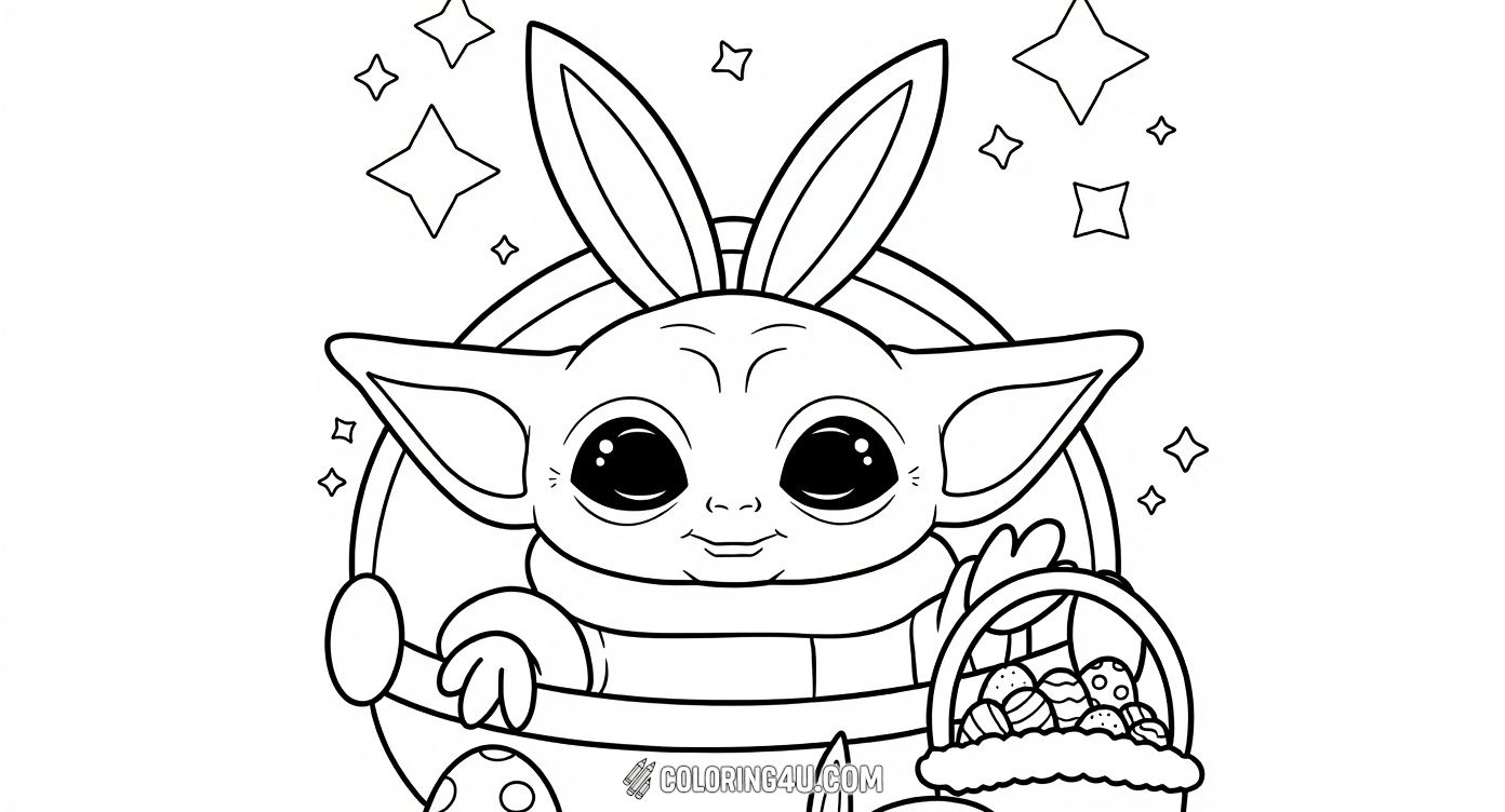This adorable coloring page features Baby Yoda wearing cute bunny ears, surrounded by sparkling stars. He is popping out of a basket filled with colorful Easter eggs, with a little bunny napping nearby. It's a fun and festive image perfect for kids to celebrate Easter with Baby Yoda!