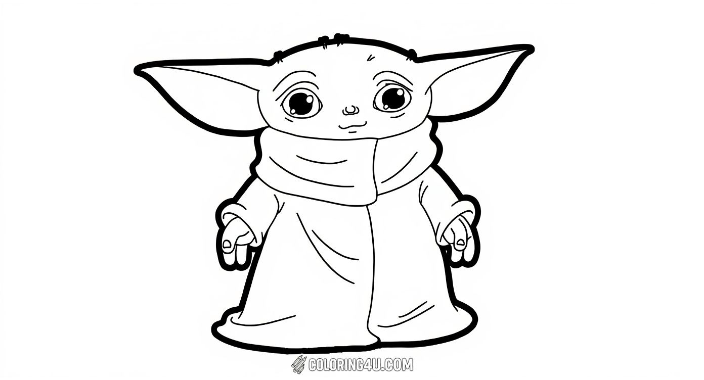 Here is a charming and easy-to-color image of Baby Yoda standing peacefully with a big smile. The words 'BABY YODA' are boldly displayed above him, making this a great coloring page for fans of the Star Wars series to enjoy bringing this beloved character to life.