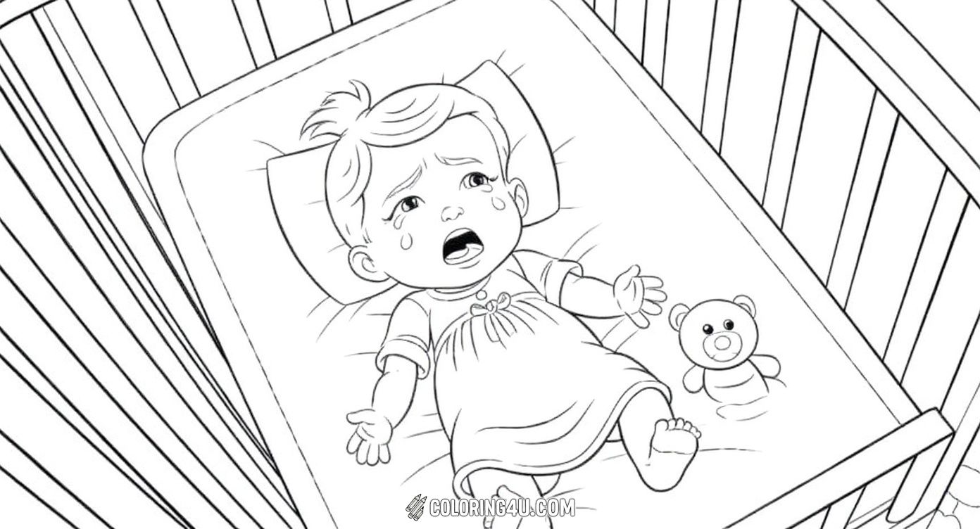 This coloring page shows a little baby crying in a cozy crib during naptime. The baby looks upset with tears rolling down the cheeks, surrounded by a soft pillow and a cute teddy bear. Kids can have fun coloring the detailed crib bars, the baby’s outfit, and the comforting nursery scene.