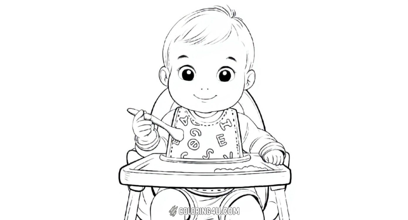 This delightful coloring page shows a happy baby sitting in a highchair, wearing a bib covered with letters and numbers, and holding a spoon ready to eat. The cheerful expression invites kids to imagine mealtime fun while coloring the baby, the bib, and the surrounding details. A perfect page for learning and creativity.