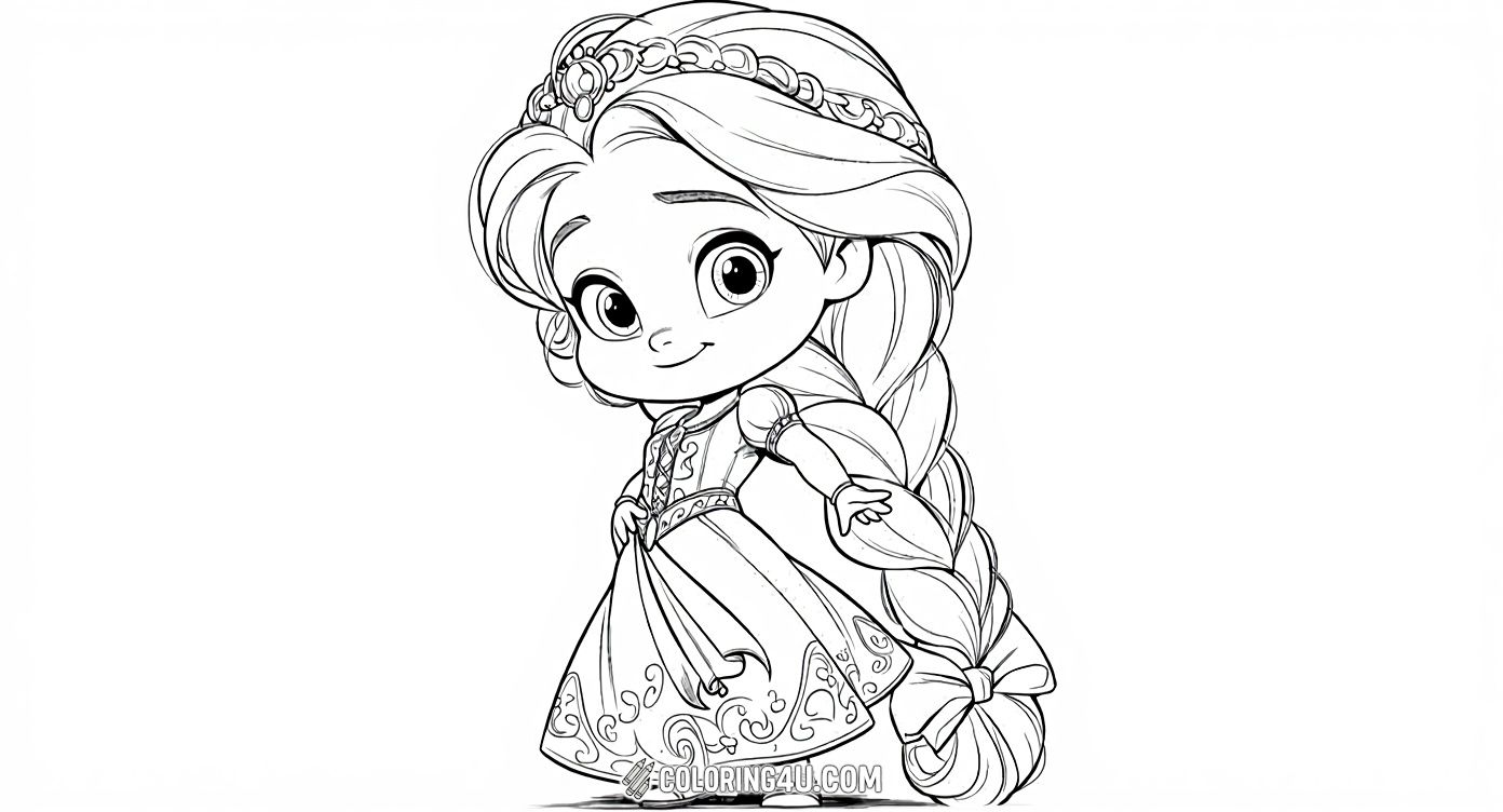 This adorable coloring page features baby Rapunzel from Disney's famous movie, looking cheerful and ready for coloring fun. Kids will enjoy bringing her beautiful dress and flowing braid to life with their favorite colors.