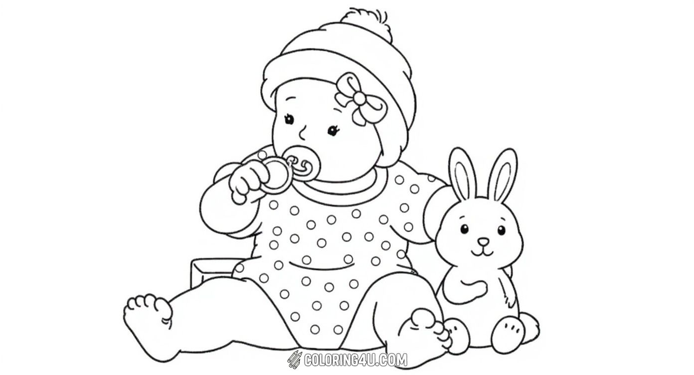 This adorable coloring page features a baby wearing a polka-dot sweater and a cozy hat adorned with a cute bow. The baby has a pacifier in its mouth and is surrounded by a playful toy rabbit. Kids will love adding color to this warm and charming scene!