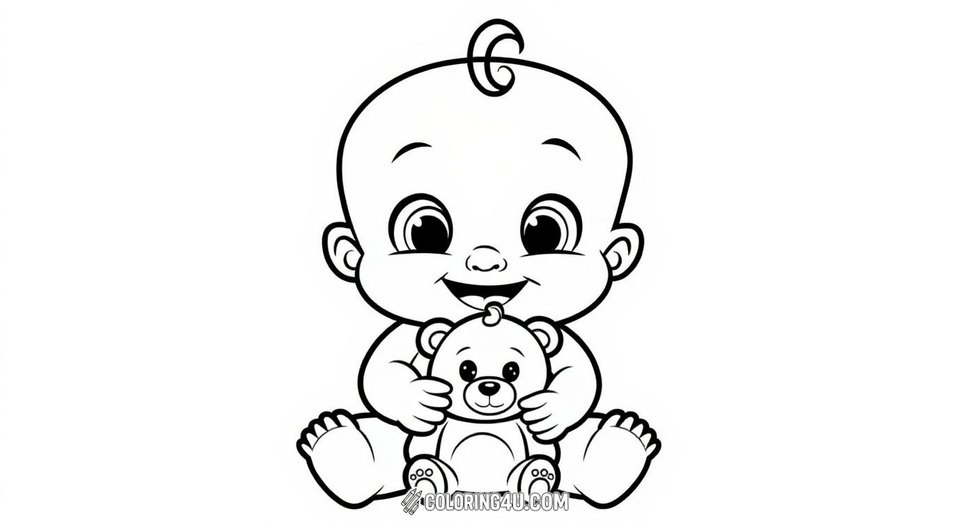 Here is a sweet and simple coloring page of a happy baby holding a cuddly teddy bear. The large eyes and joyful smile invite kids to color and create a heartwarming scene full of love and innocence.