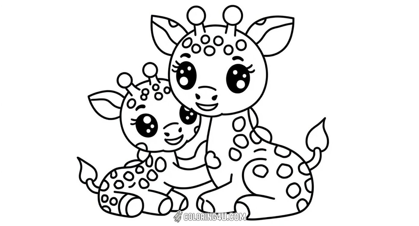 This sweet and heartwarming coloring page shows a mother giraffe cuddling her little baby giraffe. Both have big friendly eyes and happy smiles, making this a perfect picture for children to color and celebrate the loving bond between a mom and her baby.