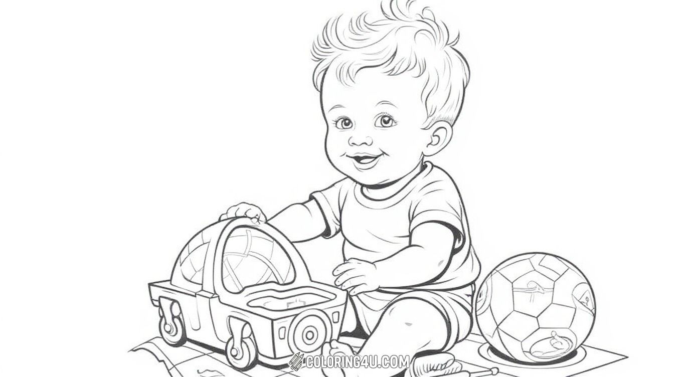This playful coloring page shows a cute baby sitting on a blanket surrounded by toys, including a ball and a toy car. It's perfect for kids to color and imagine the baby's fun playtime adventures.