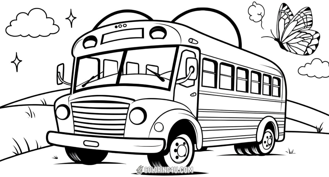 Hop on the back-to-school bus in this charming coloring page that shows a classic school bus surrounded by fluffy clouds and a graceful butterfly! Kids can unleash their creativity by coloring the bus, sky, and nature elements while dreaming about all the fun learning adventures that await.