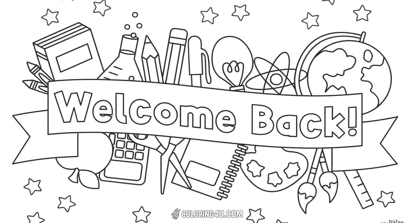 Welcome Back School Supplies And Stars Coloring Page