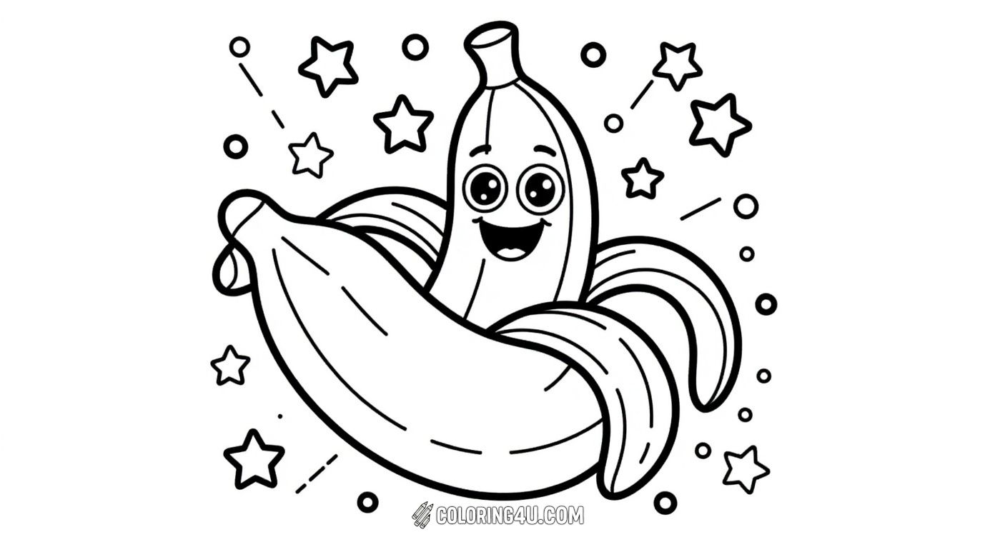 This fun coloring page features a cheerful peeled banana with big sparkling eyes, surrounded by stars and circles. Kids will enjoy bringing this lively banana to life with their favorite colors while practicing their coloring skills.