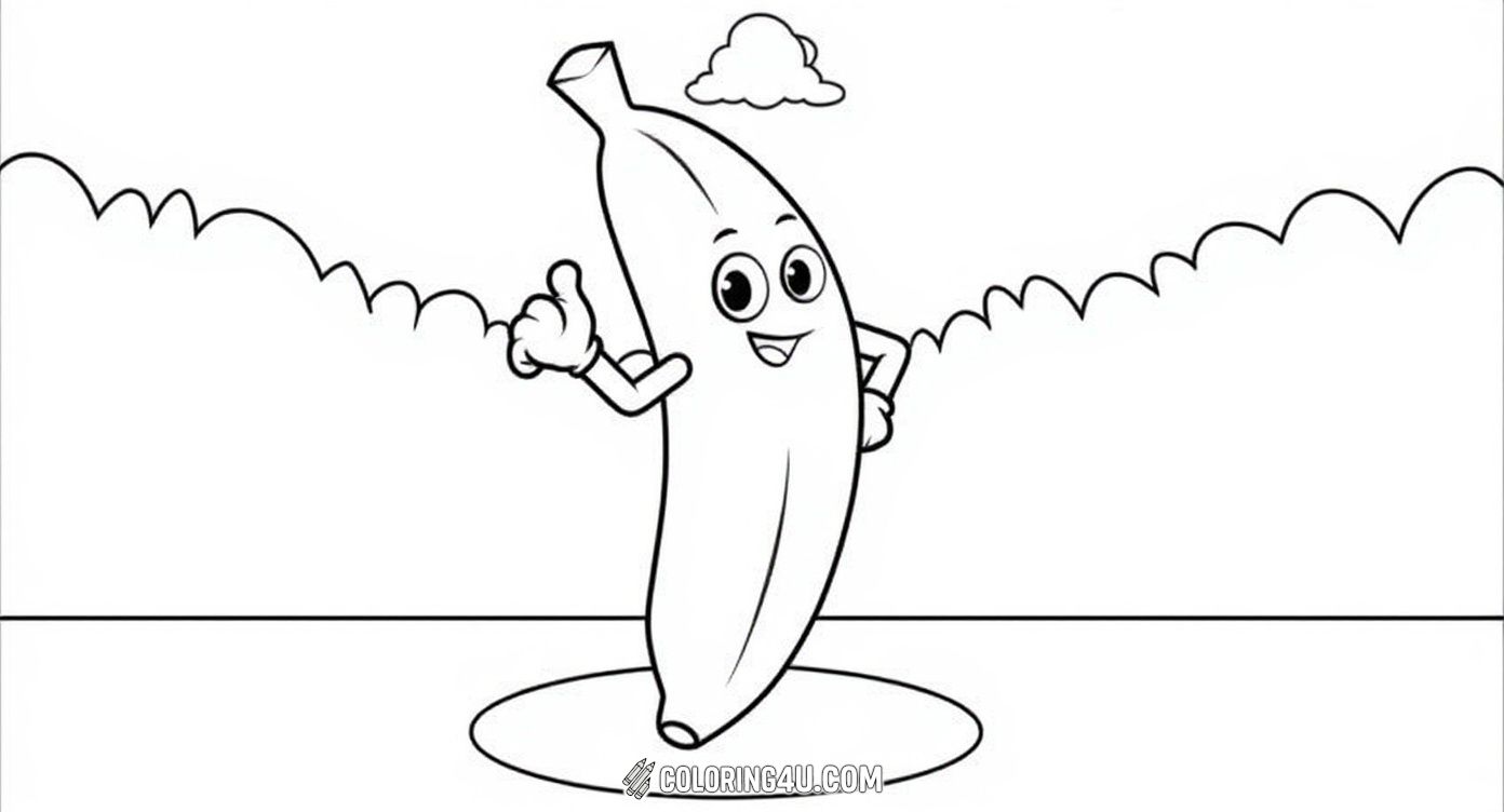 This delightful coloring page shows a cute banana character with eyes, mouth, and gloves, giving a thumbs-up with a sunny background. It encourages creativity and fun as kids color this happy banana enjoying a bright day.