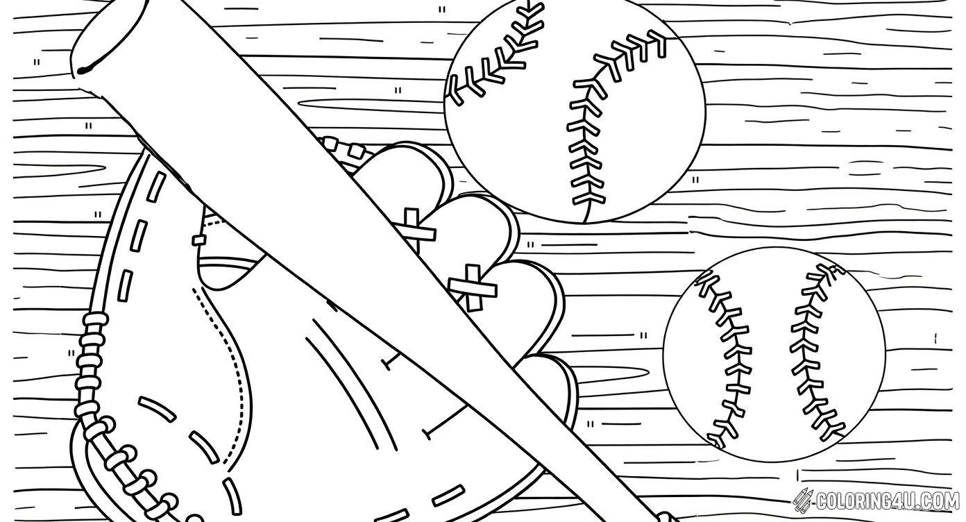 Get ready for the game with this detailed coloring page showing a baseball glove, bat, and ball. The glove is ready to catch the ball flying in, with a wooden bat lying nearby. Perfect for kids who love baseball gear and action-packed sports scenes!