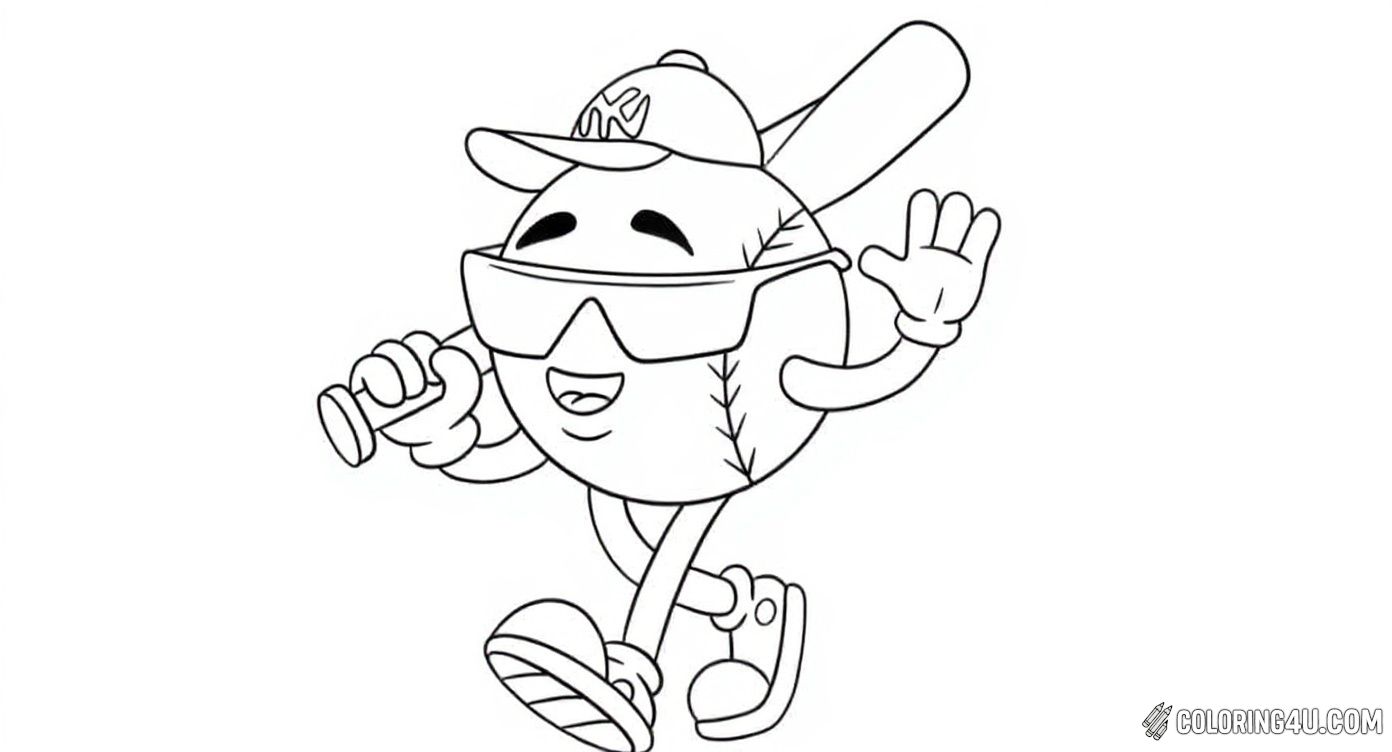 This fun coloring page features a cheerful baseball character wearing a cap, sunglasses, and sneakers, holding a bat ready to play. Kids will love bringing this lively baseball ball to life with their favorite colors and enjoy the sporty vibe!