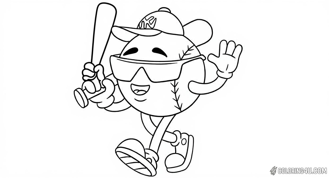 Meet this fun and cheerful cartoon baseball, ready to play! Wearing cool sunglasses and a baseball cap, this smiling ball is holding a bat and looks like it's ready to hit a home run. Kids will enjoy coloring this lively character full of energy!