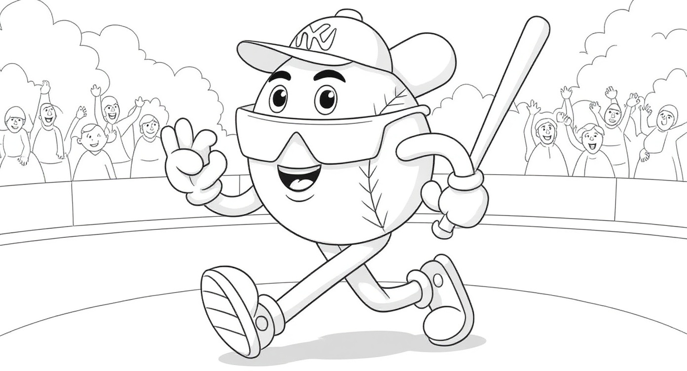 This fun coloring page features a happy baseball character wearing a cap and sporty sunglasses, holding a bat and running joyfully. Kids will enjoy bringing this playful baseball ball to life with their favorite colors as it waves hello!