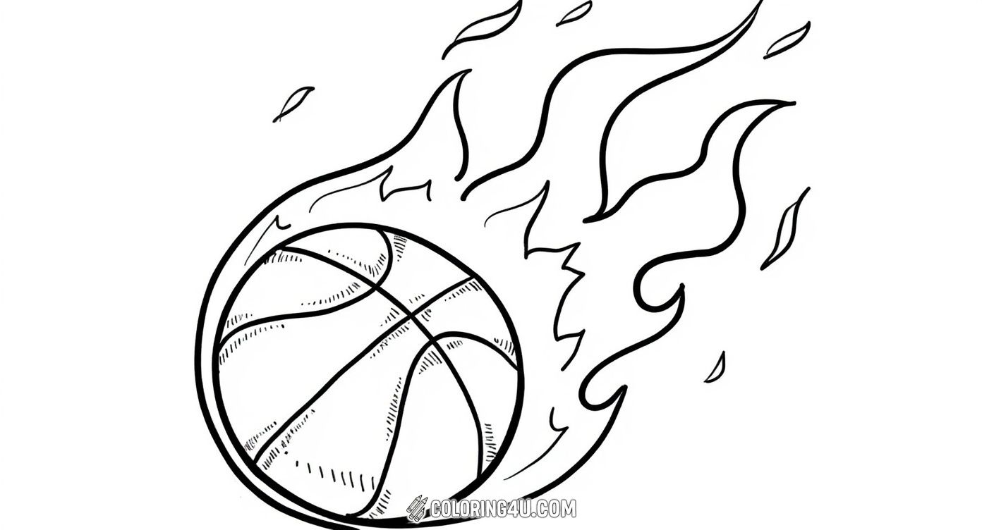 This exciting coloring page features a basketball blazing through the air with fiery flames trailing behind it. Kids can have fun adding bright colors to bring the fast-moving basketball and the fiery flames to life, imagining it shooting straight into the hoop in an intense game moment!