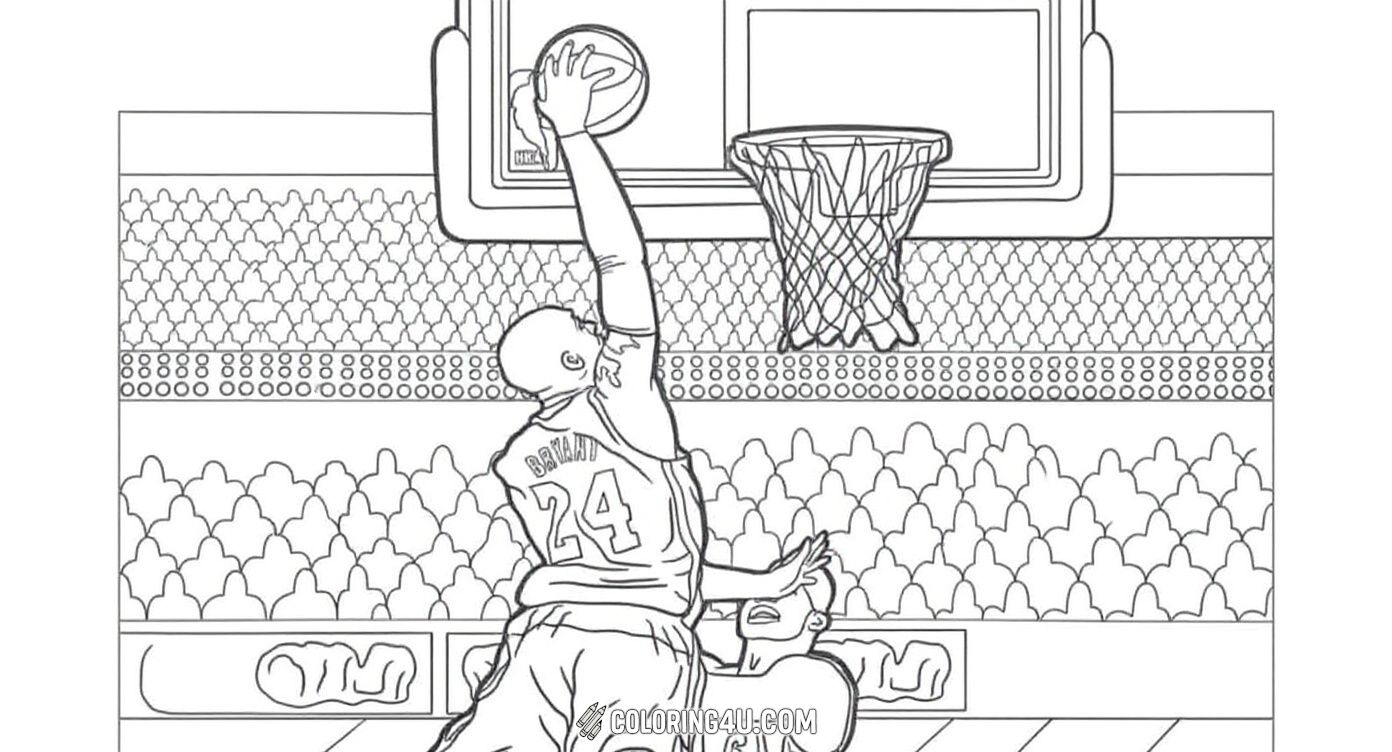 This dynamic coloring page captures the thrilling moment of a basketball player, wearing the famous #24 jersey of Kobe Bryant, making an impressive dunk while an opponent tries to block him. Kids can enjoy bringing the action-packed scene in the packed stadium to life with colors, celebrating the spirit of basketball!
